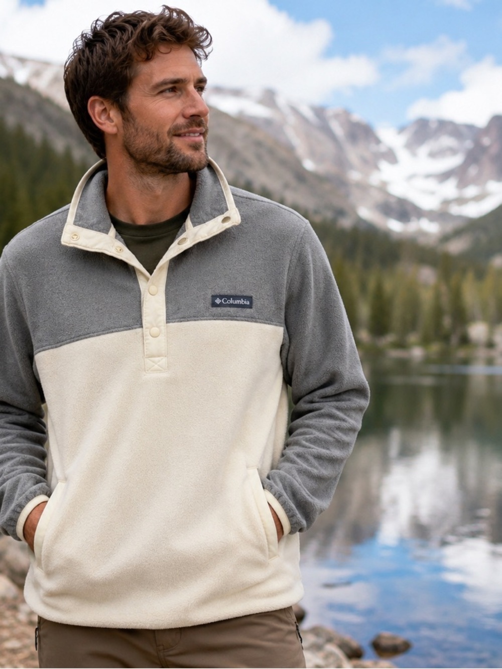 Columbia Fleece Pullover M Gray Ivory Snap Neck Jacket Pockets Hiking